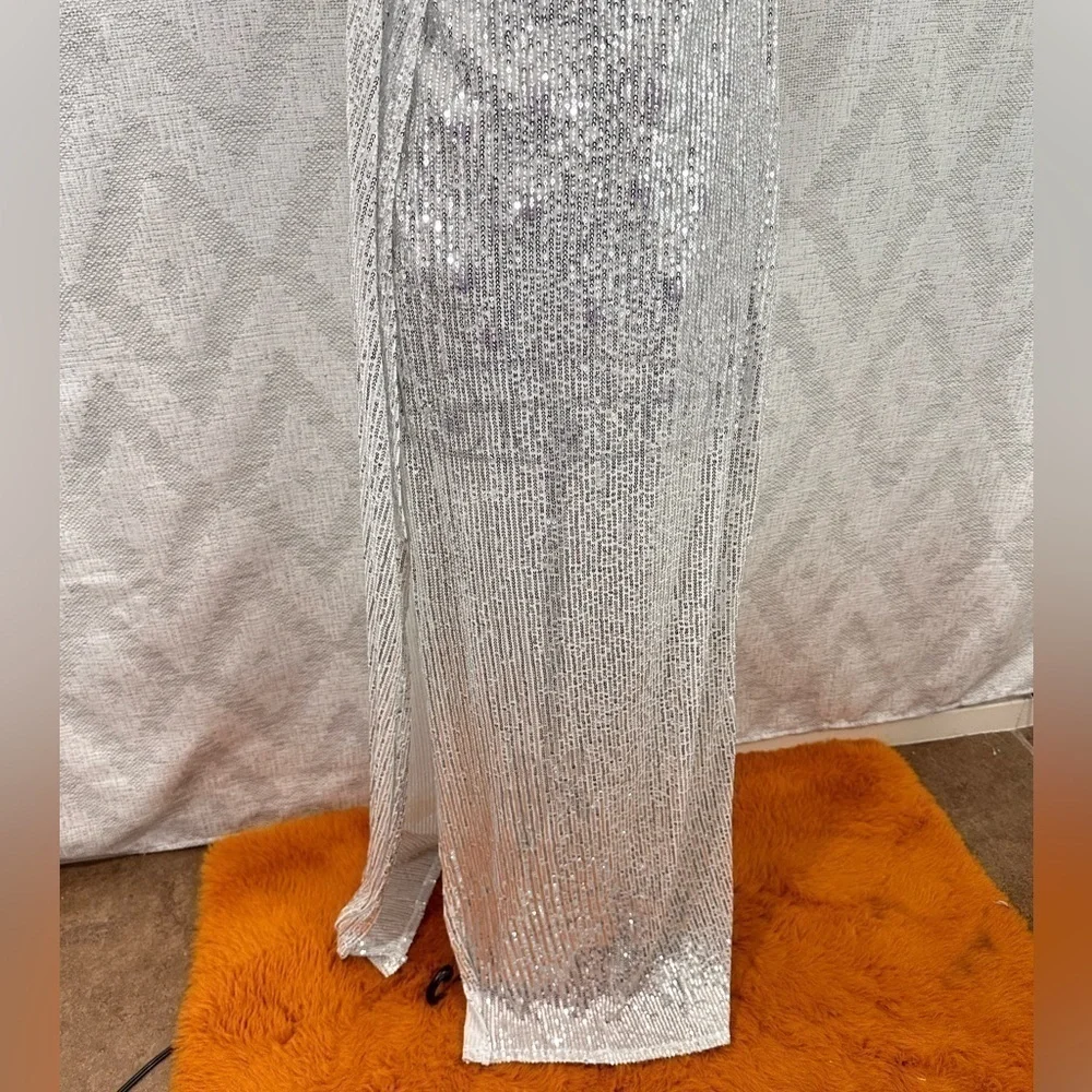Lucy in the Sky Kaira cowl neck silver sequin maxi dress with leg slit size L